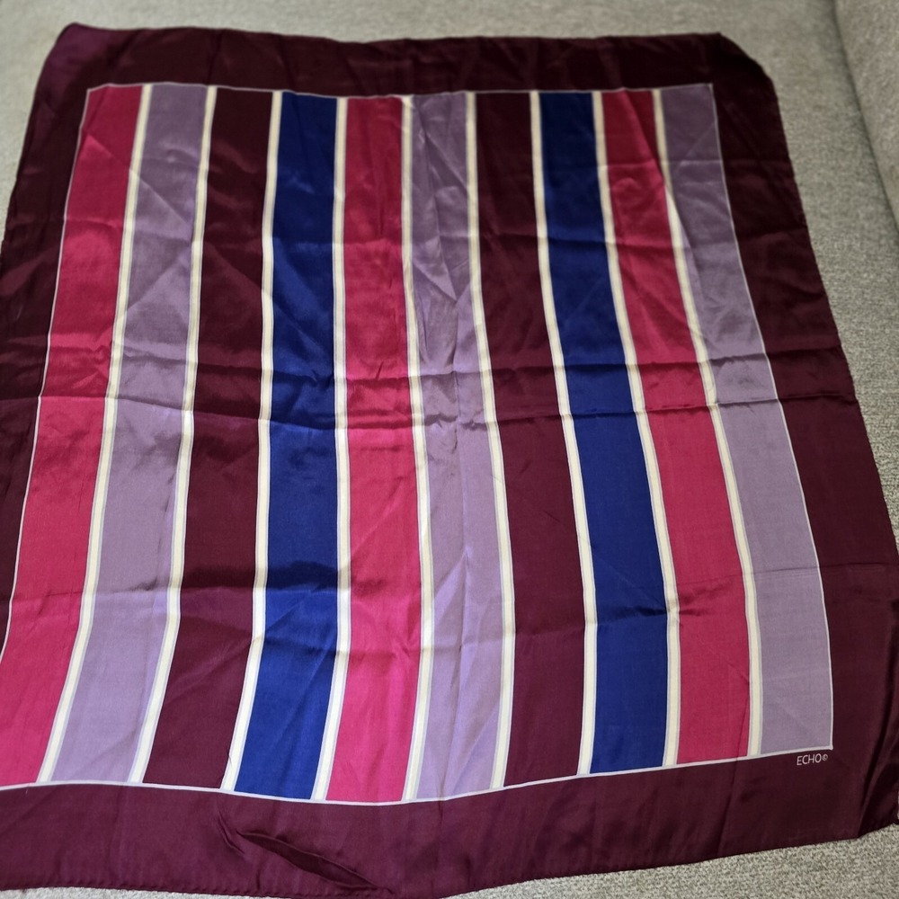 Vtg ECHO silk Muli-Color Striped Square Scarf  26"‎  Beautiful, Hand Rolled
